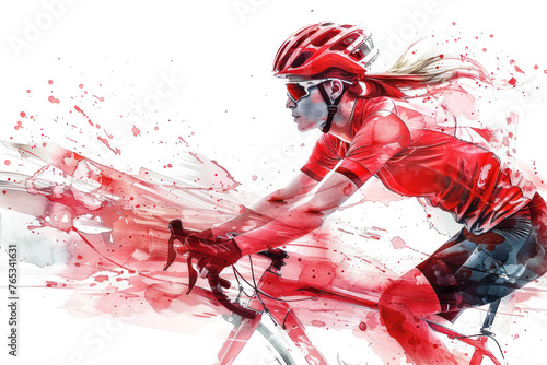 red watercolor painting of side view woman cyclist in road bike