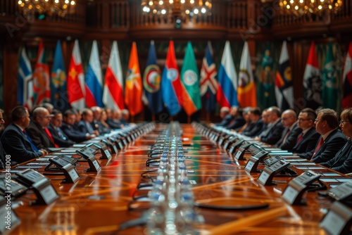 International flags line a grand conference room with officials in a meeting.