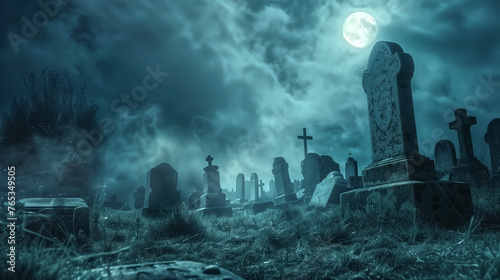 Spooky cemetery landscape with old tombstones and fog. Full moon