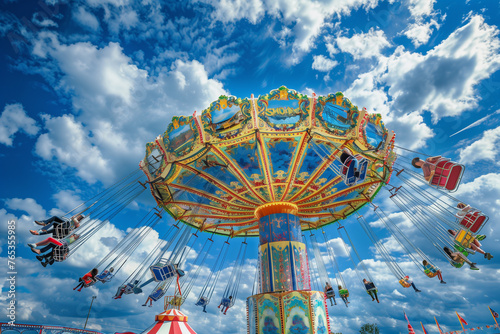 A joyful carnival ride in motion, with people suspended mid-air, against a backdrop of a clear blue sky