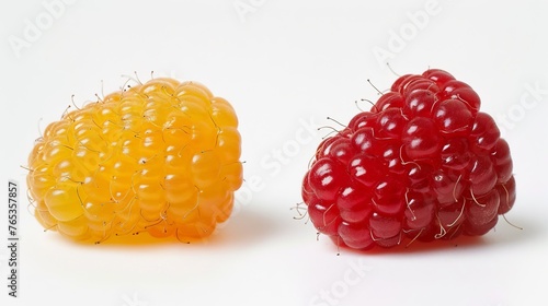 A pair of fresh golden Himalayan raspberries with two red berries, separated and placed on a white