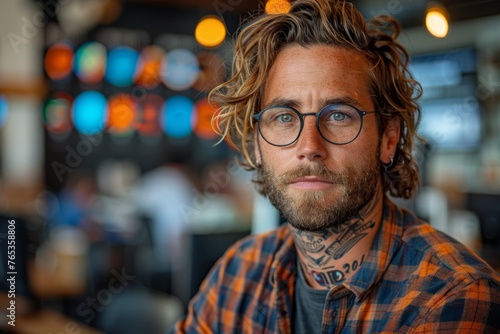 Man with tattoos and glasses in a plaid shirt at a workspace with screens.