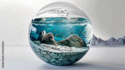 Captivating underwater world captured within a glass orb on a white surface.