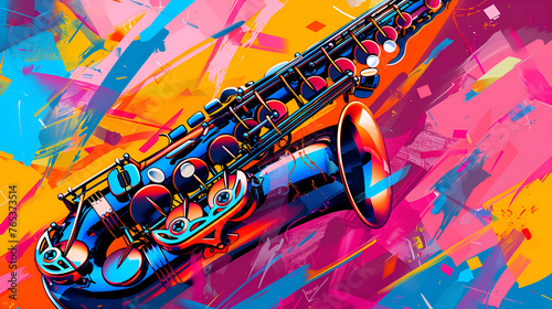 World Jazz Day, Saxophone Flat Pop Art Painting Illustration On Wall, Generative Ai