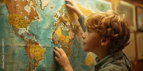 Curious Student Tracing Historical Events on Detailed World Map,Educational Geography Discovery and Timeline Trek