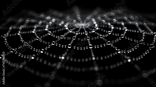 Macro shot of spider web with dew drops on black background