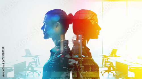 Fusion of Thoughts: Composite Image of Male and Female Silhouettes Overlaid on a Busy Corporate Office Setting