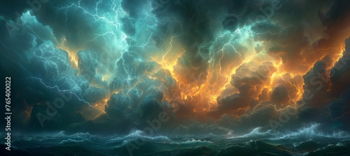 Dramatic cumulus clouds and lightning in the stormy ocean sky