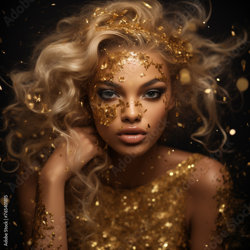 Girl face premium with gold, portrait of beautiful woman model with fresh daily makeup and romantic wavy hairstyle. Fashion shiny highlighter on skin, sexy gloss lips make-up and dark eyebrows.