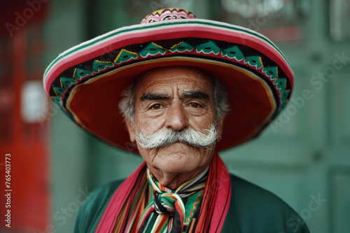 Portrait of a man in traditional Mexican attire with an iconic mustache and sombrero. Generative AI.