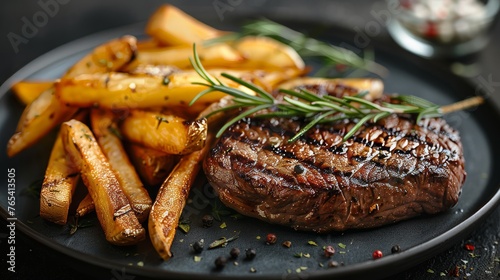 Juicy grilled steak with golden fries on a plate