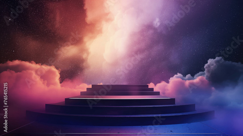 Selling image for business, advertising, identity, logos and text. A beautiful background for placing services, objects, goods, projects and people. Venue and podium with epic landscape and clouds.