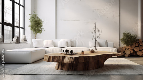 Live edge coffee table made from tree stump near white fabric sofa. Scandinavian interior design of modern living room. Generative AI