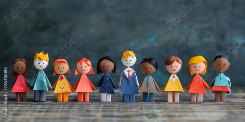 A chain of colorful paper doll figures each dressed in corporate attire representing the diversity and unity of a professional team or business