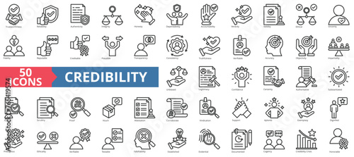Credibility icon collection set. Containing trustworthiness, reliability, authenticity, integrity, honesty, dependability, accountability icon. Simple line vector.