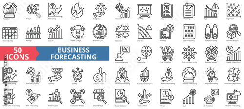 Business forecasting icon collection set. Containing prediction, analyze, data, trend, budgeting, accuracy, strategy icon. Simple line vector.