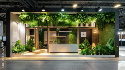 A stylish and modern office interior featuring an entire wall filled with lush green plants and comfortable seating areas, giving a touch of nature.