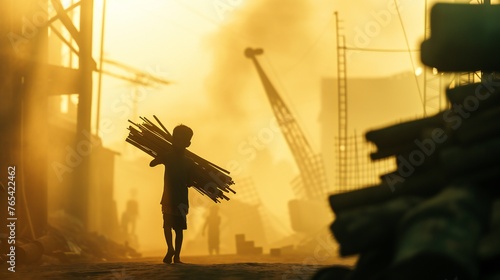 Against the blurred factory scene, a child carries construction materials, their silhouette a stark reminder of child labor.