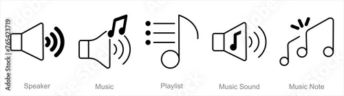 A set of 5 Music icons as speaker, music, playlist