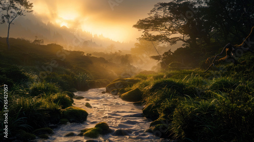 Mountain Sunrise with Misty River View