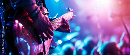 Close up of male hands playing on electric guitar on concert stage. Musician performance. Rock, metal, grunge style. Blurred background. Banner, flyer illustration. Generative ai