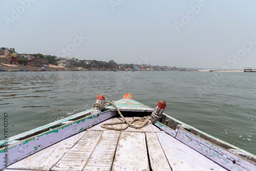 View of Varanasi from the boat on river Ganga. 