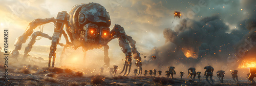 Apocalyptic Showdown Mechanical Warriors Fighting, Spider dieselpunk fantasy landscape illustration battler robots post apocalypse steampunk mechanic 