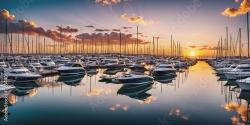 Marina at Sunset. A row of sailboats and motorboats are docked at a calm marina at sunset, casting long shadows on the water.