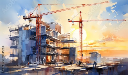 A Building Under Construction with Cranes and Workers