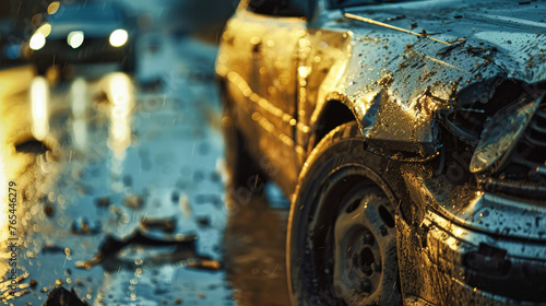 Damaged Car Sitting in Rain