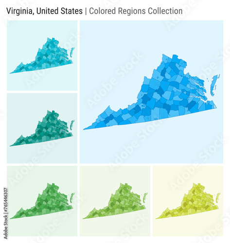 Virginia, United States. Map collection. State shape. Colored counties. Light Blue, Cyan, Teal, Green, Light Green, Lime color palettes. Border of Virginia with counties. Vector illustration.