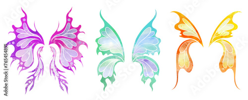 Vector set of watercolor silhouette fairy wings. Collection of colorful different butterfly wings isolated from background. Fairy tale design elements for icon and stickers