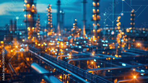 A vibrant display of data analytics overlays an industrial backdrop, signifying the integration of advanced data science in modern oil and gas engineering