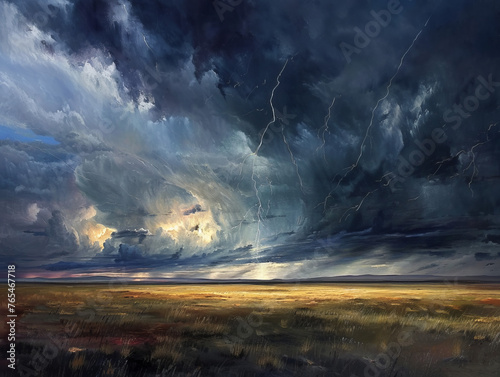 This digital painting captures the immense power of mother nature, featuring a vast prairie under the menacing gaze of an oncoming thunderstorm with lightning