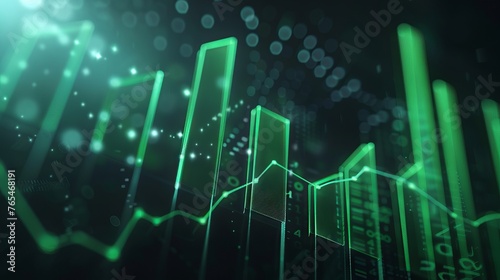 Green stock market graph and abstract business graphics with copyspace in the foreground.