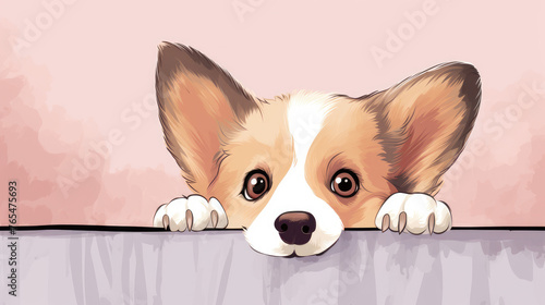 Cute Pembroke Welsh Corgi dog sneeking peeking out, above empty white brick wall banner, illustration vector. 