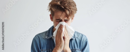 Unhealthy sick man sneezing in to tissue on white background. allergy sneezing concept. banner