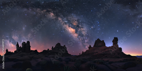 The captivating contrast of twilight hues and silhouetted rock spires under a mesmerizing night sky filled with stars