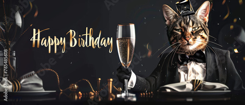 With 'Happy Birthday' text, an elegant cat in a bowler hat lifts a champagne flute among golden hues