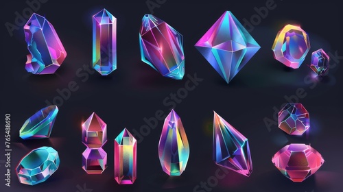 Abstract holographic 3D shapes with geometric prism elements and neon gradient mesh colors modern set. Multicolored gemstone jewelry.