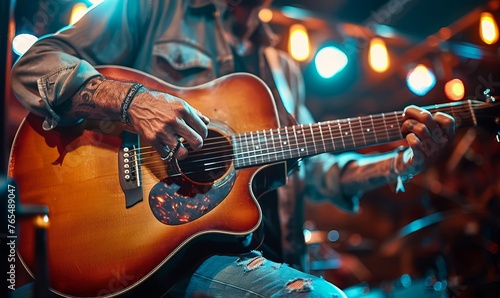 Guitarist strumming an acoustic guitar on stage , famous guitar player concept image, Generative AI