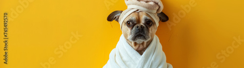 A pug dog appears relaxed in spa fashion with a towel wrap and turban on a luminous yellow background