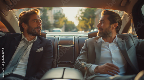 Two executives in their 30s sat in the back of a luxury car. who seem calm and intelligent and talk and work together