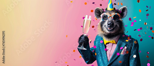 A raccoon in a sparkling jacket holding a champagne flute, surrounded by confetti, encapsulates a fun party atmosphere