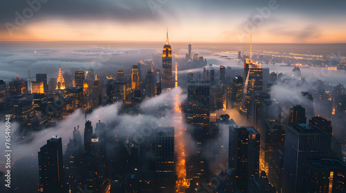 Aerial view of a mist-shrouded city at sunset.