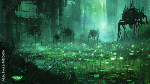 A cybernetic swamp with glowing algae and mechanical i