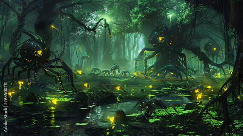 A cybernetic swamp with glowing algae and mechanical i
