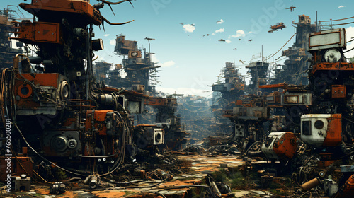 A cybernetic wasteland with rusted machinery and glitc