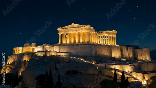 Fairy lights adorning the Acropolis at night Photo real for Legal reviewing theme ,Full depth of field, clean bright tone, high quality ,include copy space, No noise, creative idea