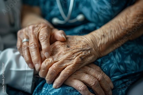 Senior patient is holding caregiver for a hand while spending time together. Closeup, Generative AI